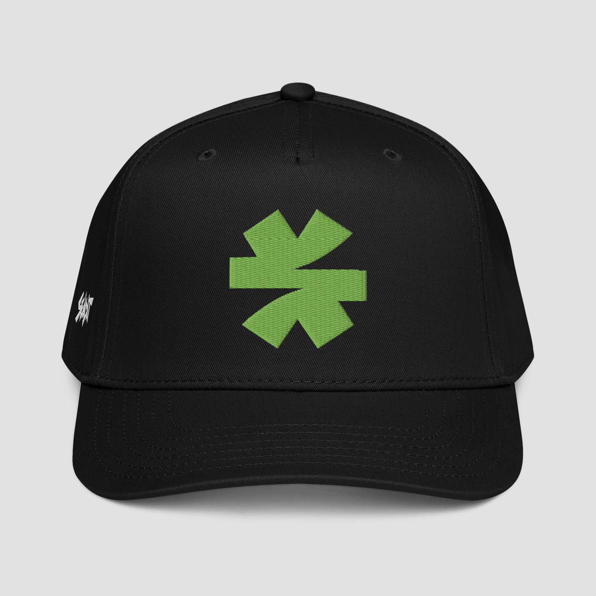 A black baseball cap featuring a green asterisk on the front and a small white embroidered 'SENDIT' logo on the side, shown against a light gray background.
