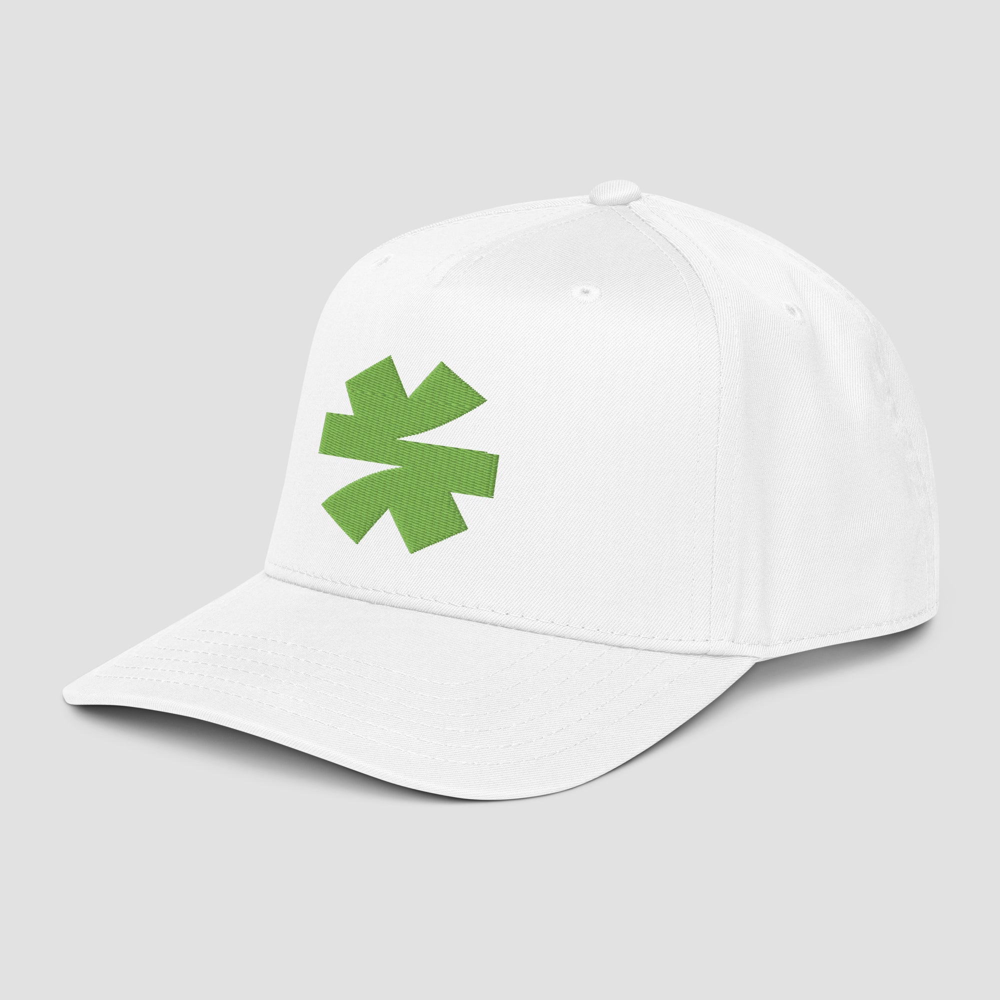 A white baseball cap featuring a green asterisk on the front, set against a solid light gray background.