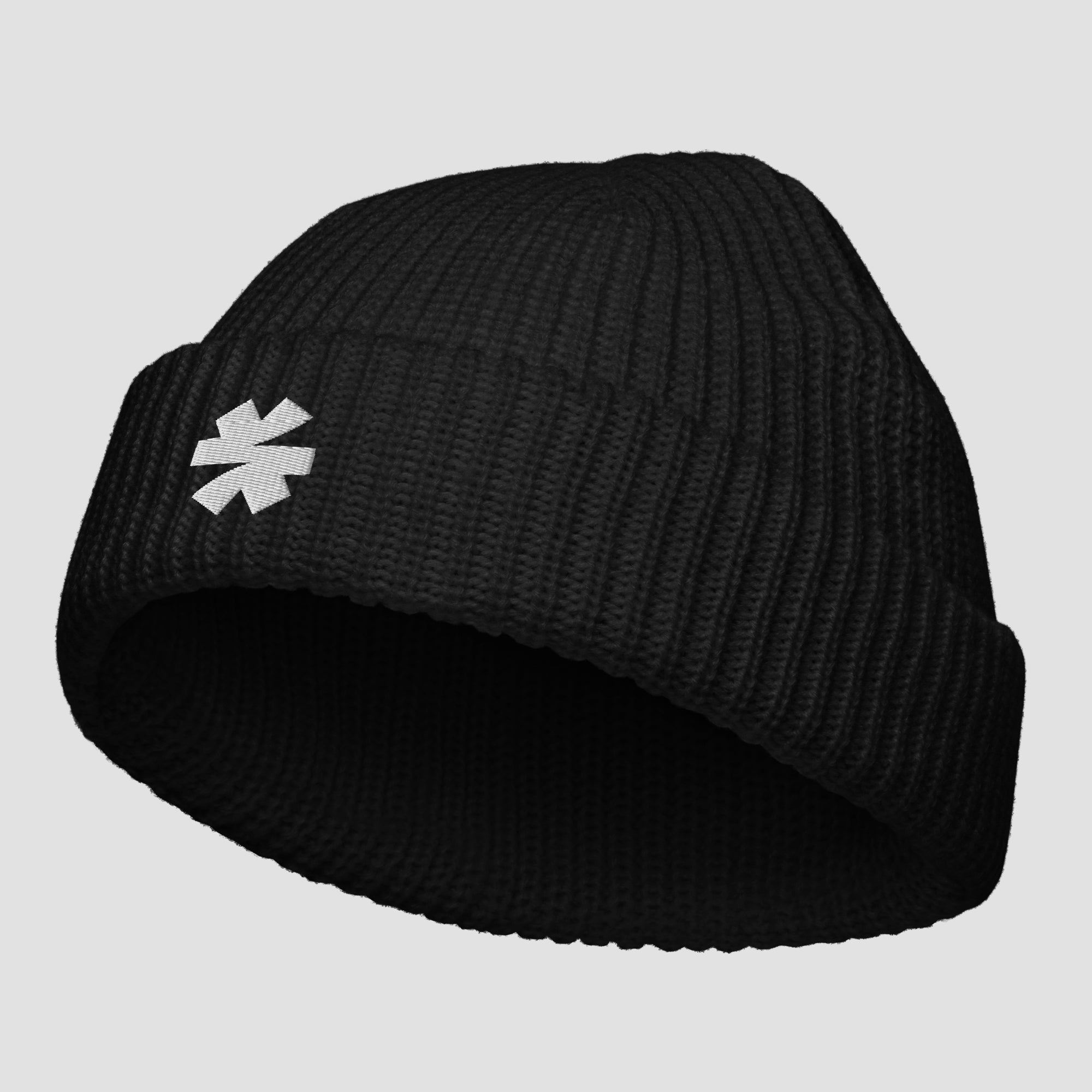 Black ribbed knit beanie with an asterisk logo on a light gray background.
