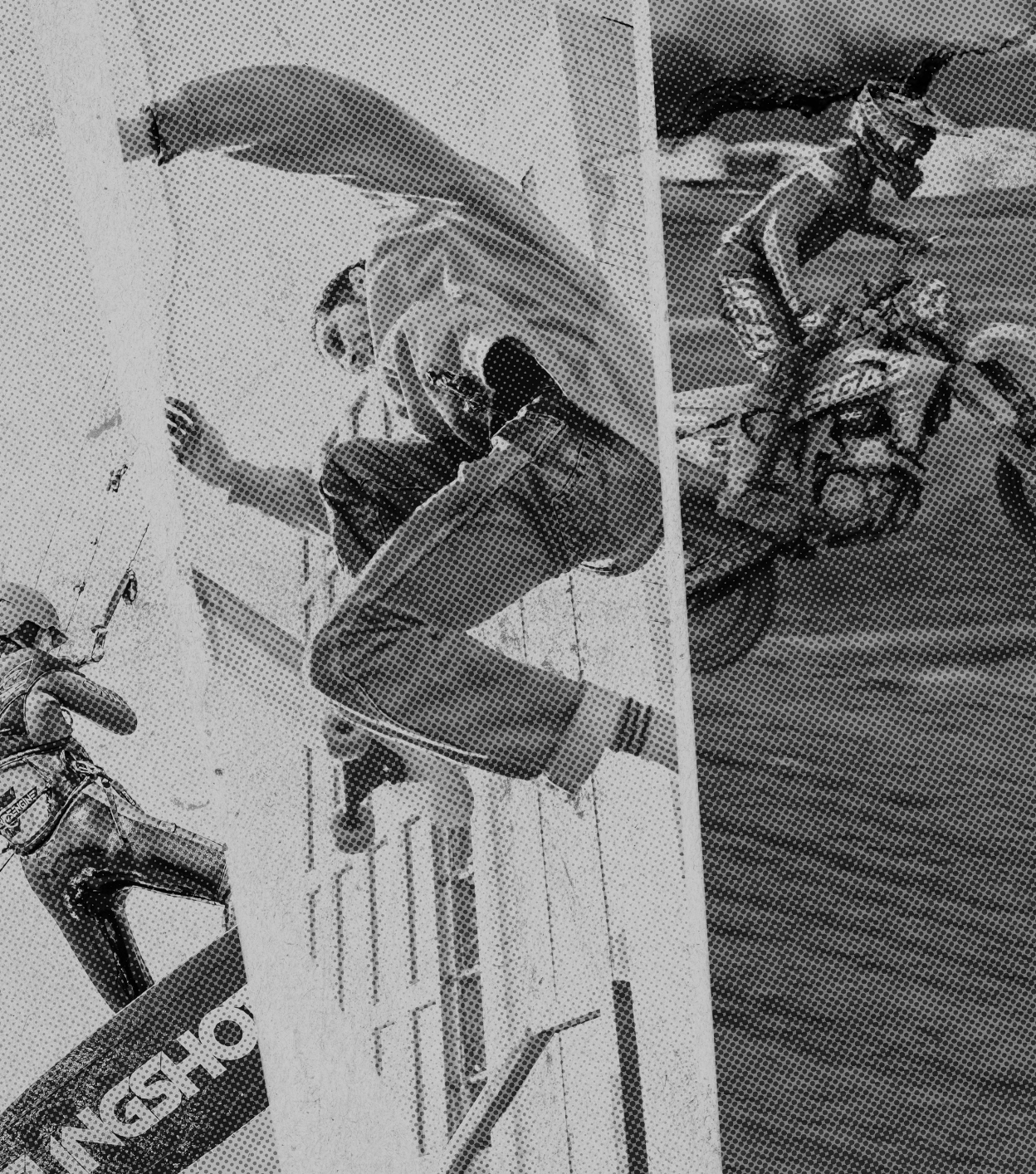 Black and white halftone-style collage showing a motocross rider on a dirt bike, a person climbing a structure, and part of another rider with a visible Kingshot logo on a tire.