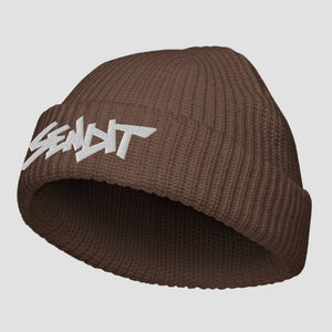 A brown ribbed knit beanie hat with a white stylized embroidered 'SENDIT' logo on the front cuff, shown against a light gray background.