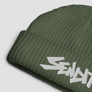 An olive green ribbed knit beanie hat featuring a white embroidered stylized 'SENDIT' logo on the cuff, shown against a light gray background.