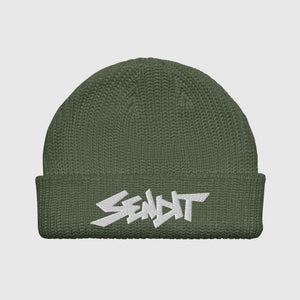 An olive green ribbed knit beanie hat with a white embroidered stylized 'SENDIT' logo on the front cuff, shown against a light gray background.