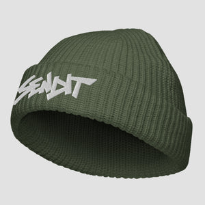 An olive green ribbed knit beanie hat featuring a stylized white embroidered 'SENDIT' logo on the front cuff, shown against a solid light gray background.