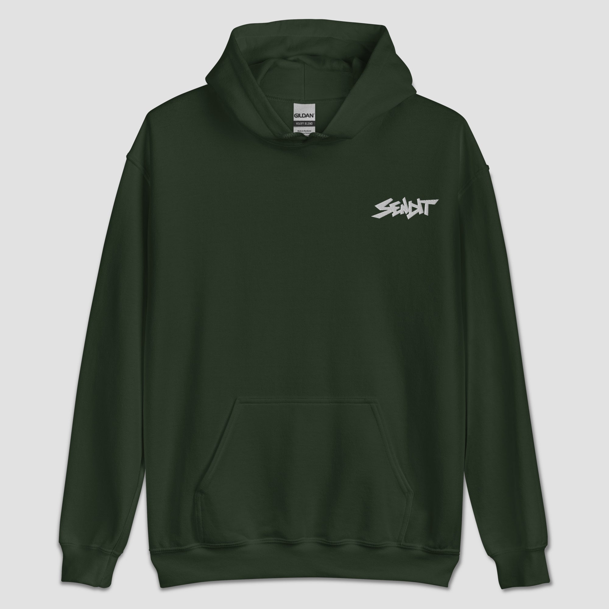 Dark green hoodie with a small embroidered 'SENDIT' logo set against a light gray background.