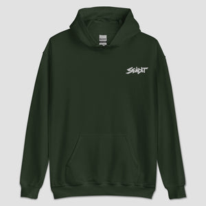 Dark green hoodie with a small embroidered 'SENDIT' logo set against a light gray background.