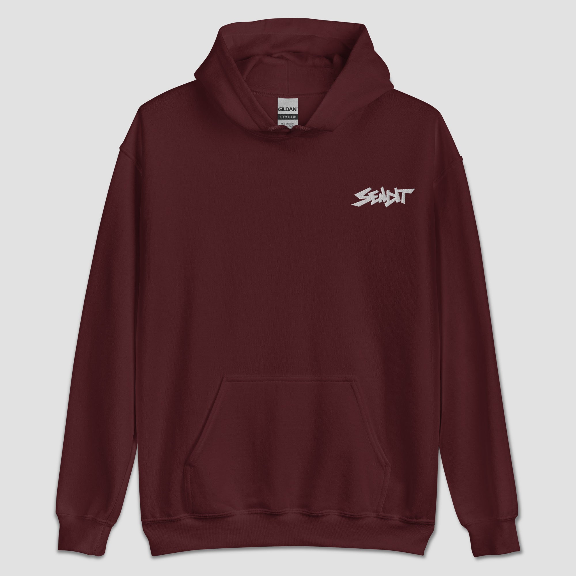 A maroon pullover hoodie with a white stylized 'SENDIT' logo printed on the left chest, displayed against a light gray background.