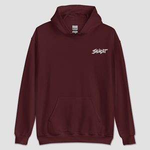 A maroon pullover hoodie with a white stylized 'SENDIT' logo printed on the left chest, displayed against a light gray background.