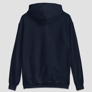 Back view of a navy hoodie set against a light gray background.