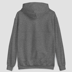 Heather gray hoodie shown from the back with set against a light gray background.