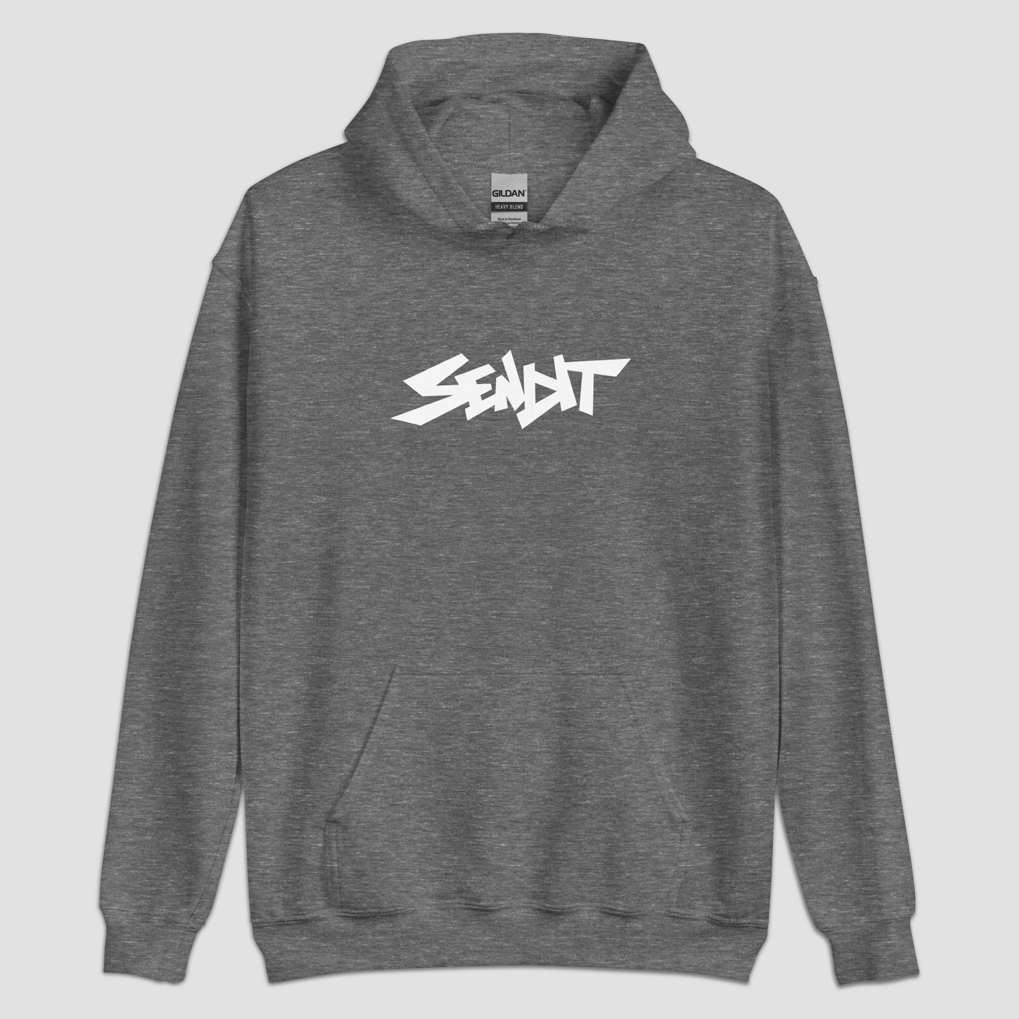 An olive green pullover hoodie with a stylized white 'SENDIT' logo printed across the chest, displayed on a light gray background.