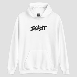 A white pullover hoodie with a black stylized 'SENDIT' logo printed across the chest, displayed on a neutral light gray background.