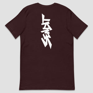 A dark maroon short-sleeve t-shirt shown from the back, featuring a large white stylized graphic 'SENDIT' printed vertically down the center.