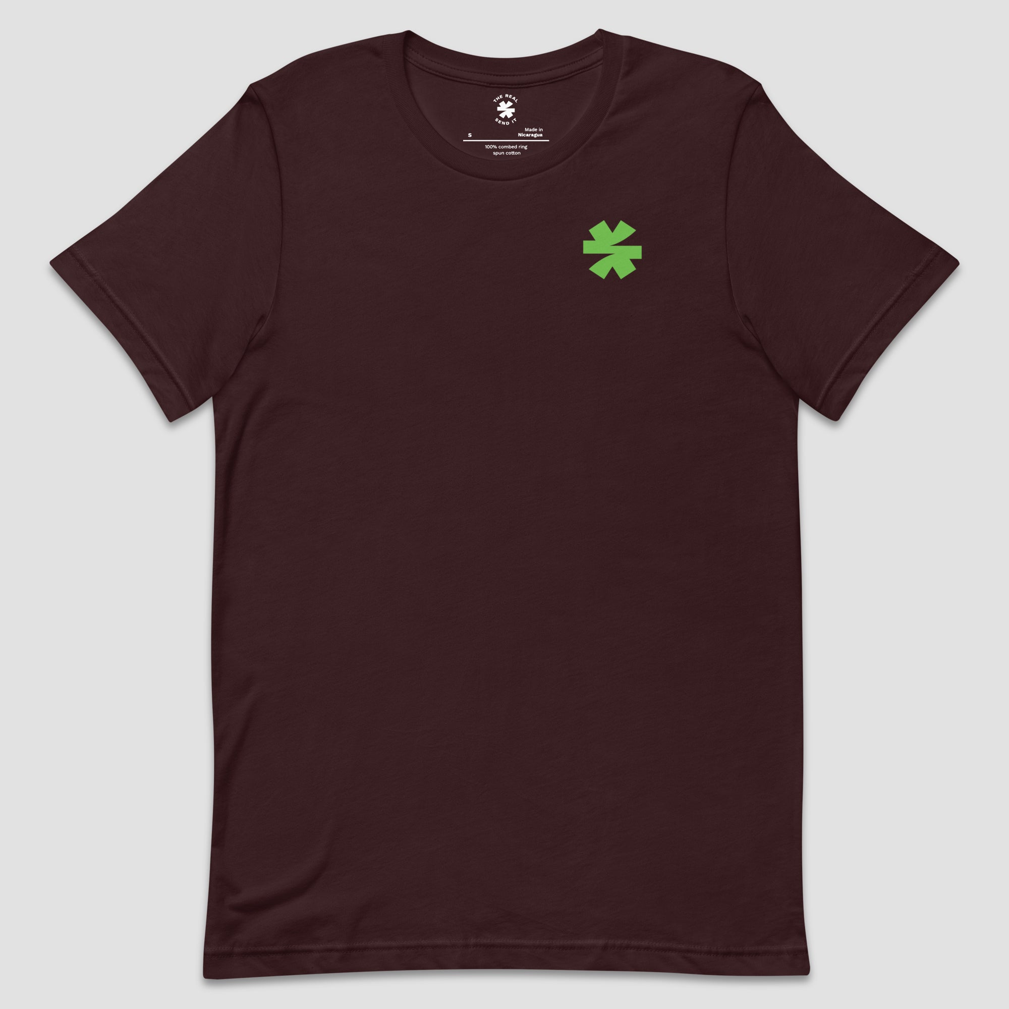 A dark maroon short-sleeve crewneck t-shirt with a small green asterisk on the left chest, displayed against a light gray background.