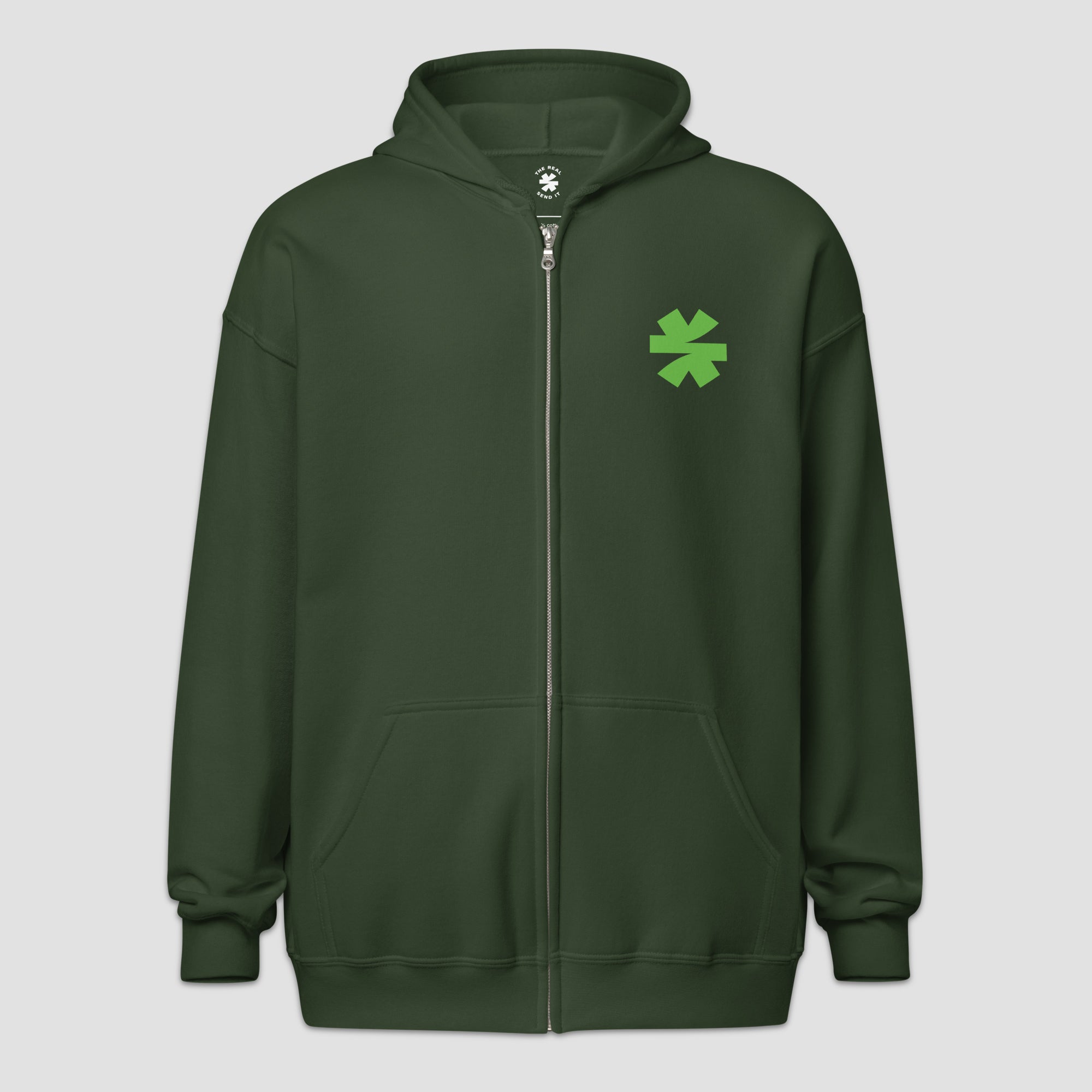 A dark green zip-up hoodie with a small green asterisk on the left chest, displayed against a light gray background.