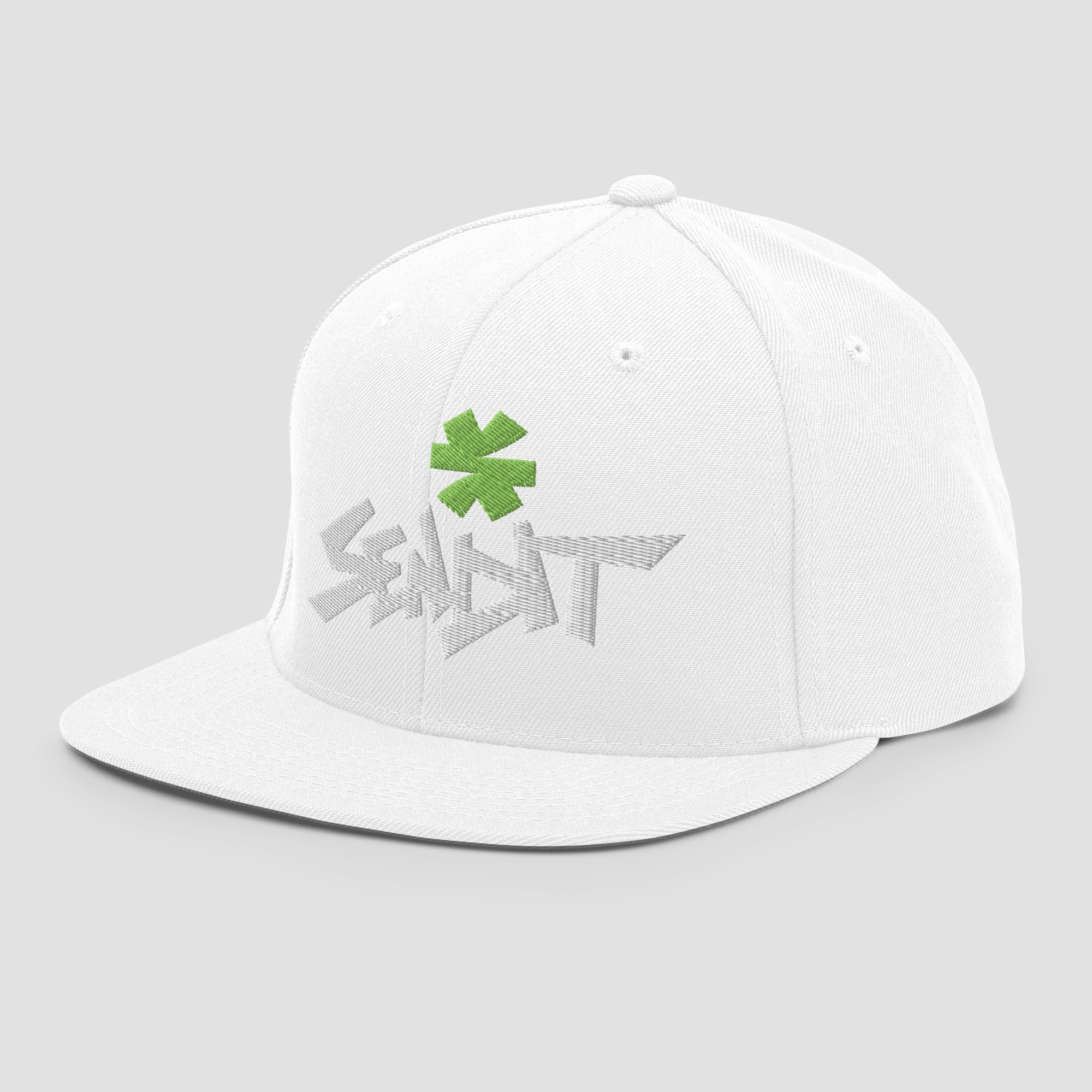 A white structured snapback cap with a flat brim, featuring a green embroidered asterisk above stylized white embroidery spelling 'SENDIT' on the front, set against a light gray background.
