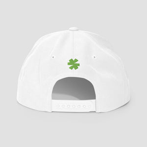 White snapback cap shown from the back, featuring a small green asterisk centered above the adjustable snap closure, on a light gray background.