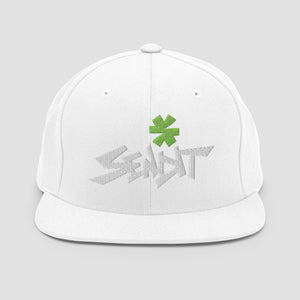 A white flat-billed snapback cap with a green embroidered asterisk above stylized white lettering 'SENDIT' on the front, shown against a light gray background.