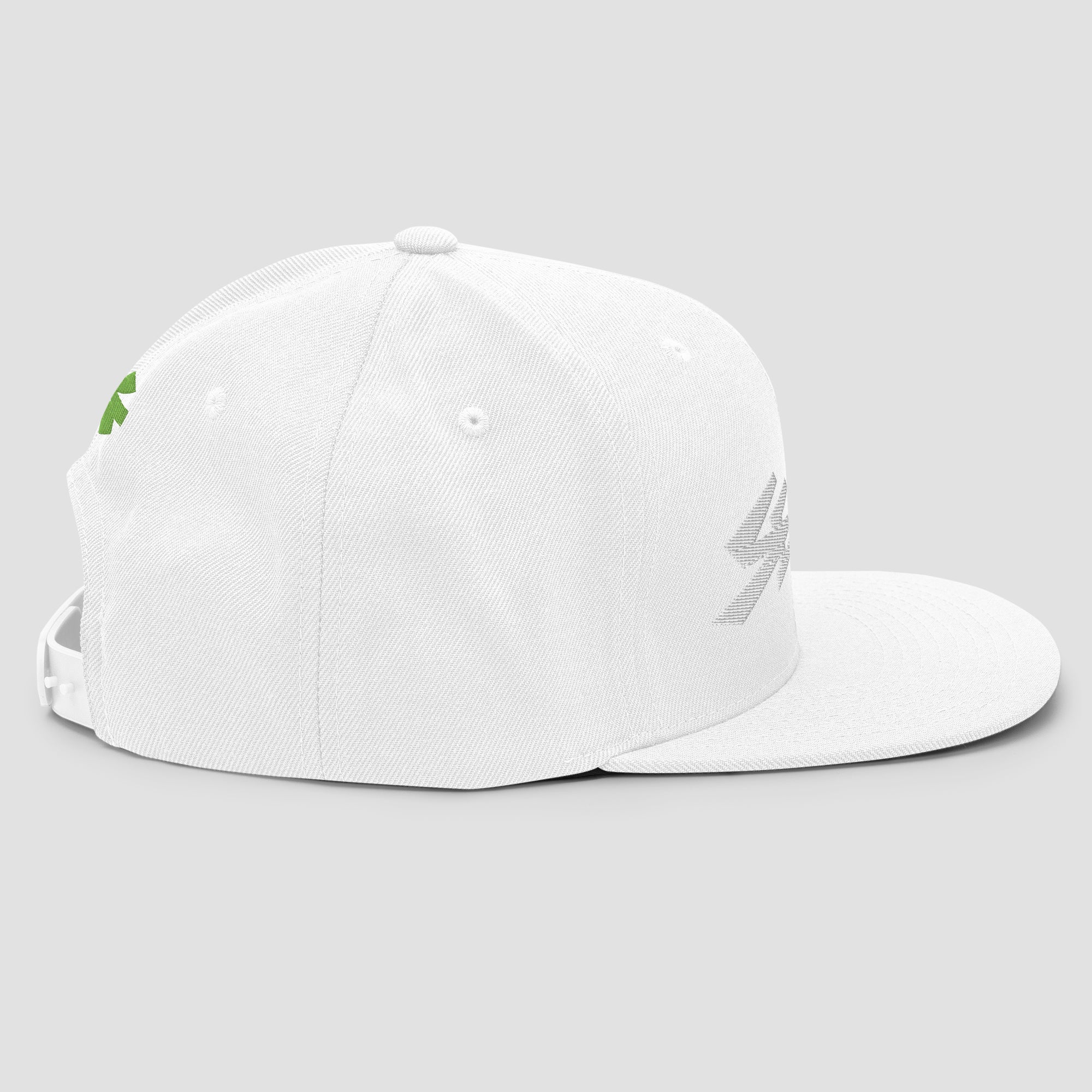 A white structured snapback cap with a flat brim, featuring a small green embroidered asterisk on the front and back and larger white embroidered text 'SENDIT' on the front, set against a solid light gray background.