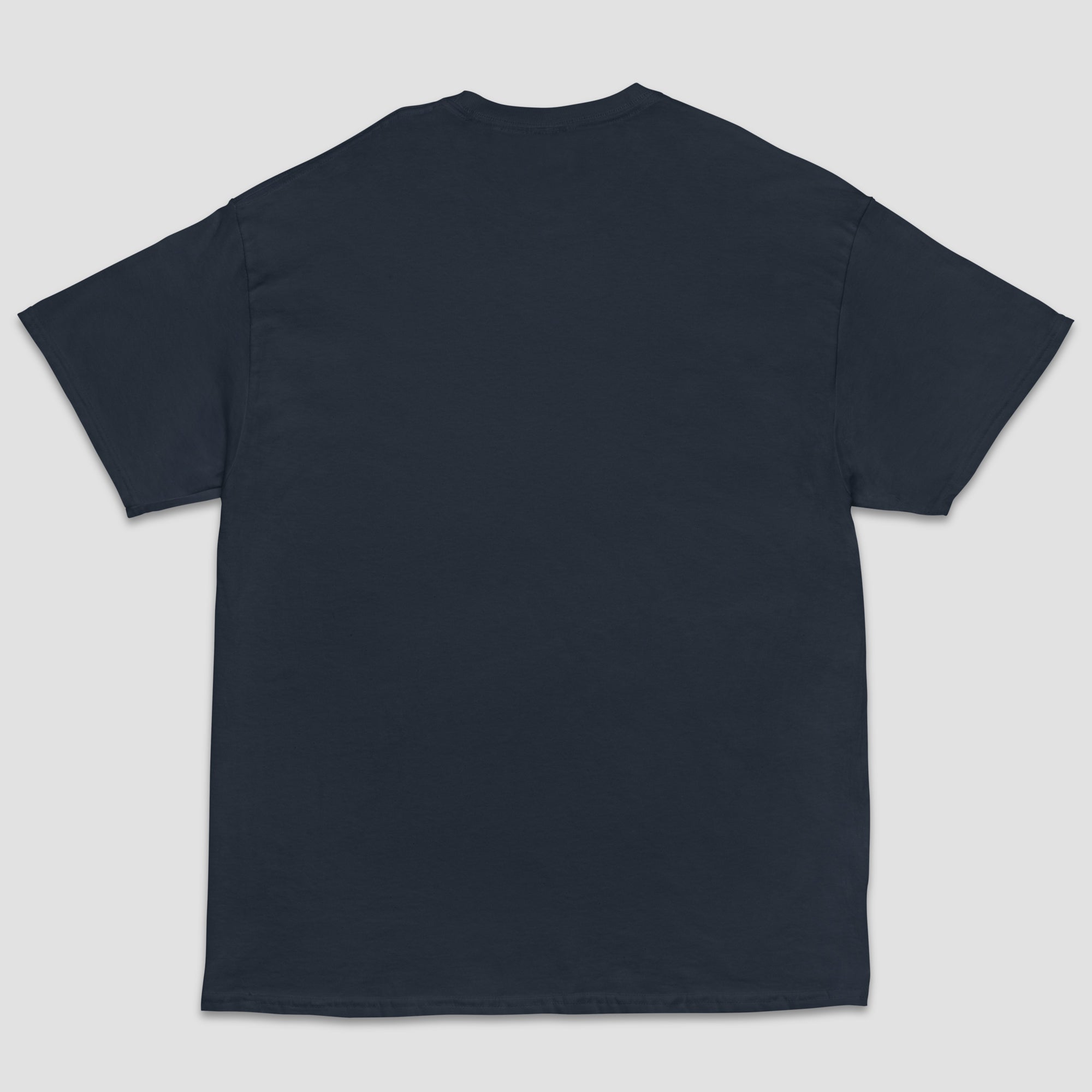A dark navy blue short-sleeve t-shirt shown from the back, laid flat against a light gray background.