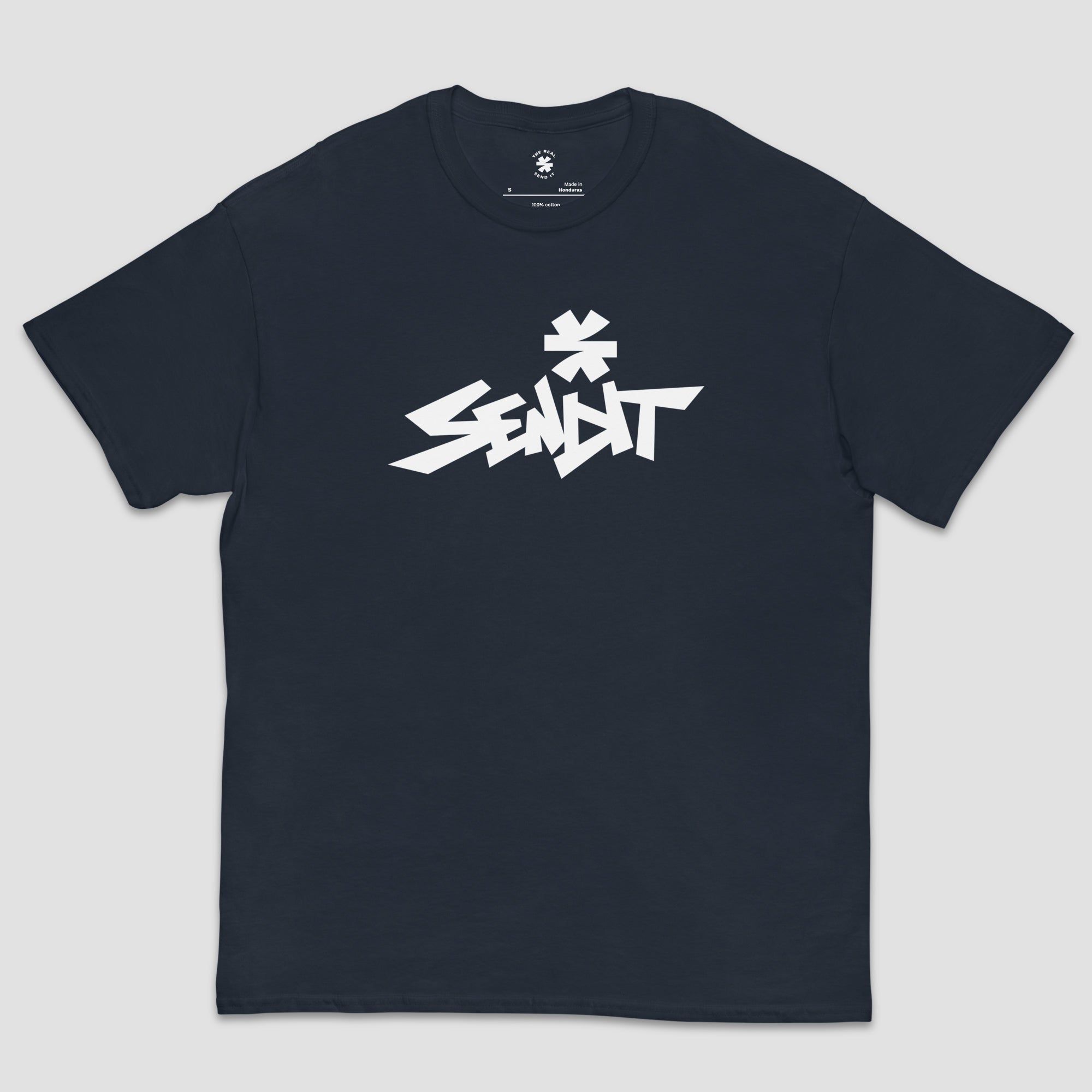 A dark navy blue short-sleeve t-shirt with a stylized white 'SENDIT' logo printed across the chest, displayed flat against a light gray background.