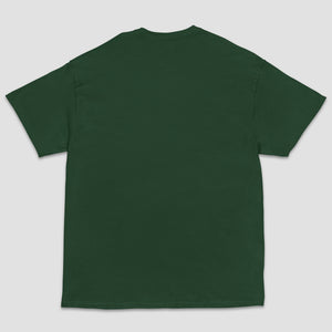 A dark forest green short-sleeve t-shirt shown from the back, laid flat against a light gray background.