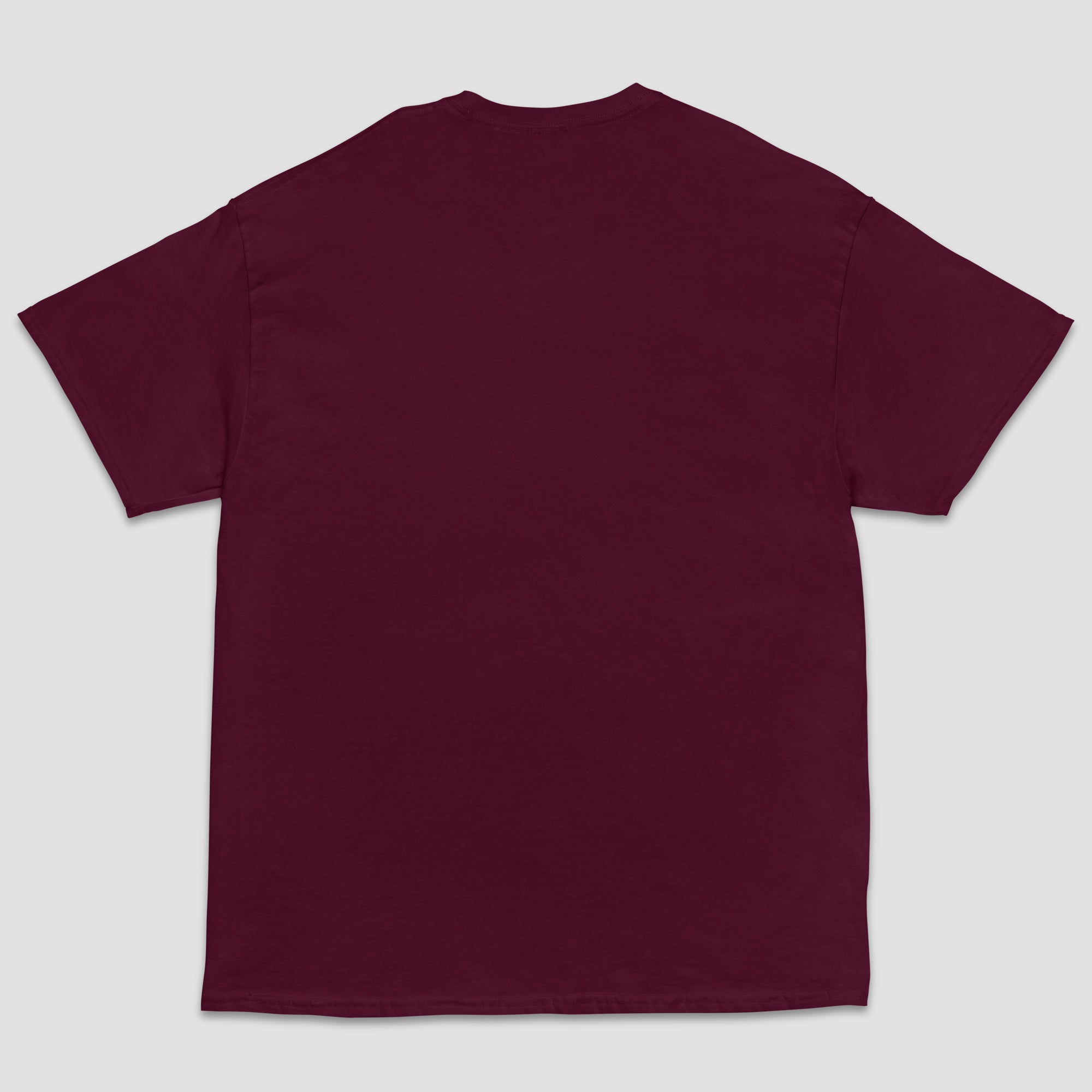 A plain short-sleeve crewneck t-shirt in a deep burgundy color, shown from the back against a light gray background.