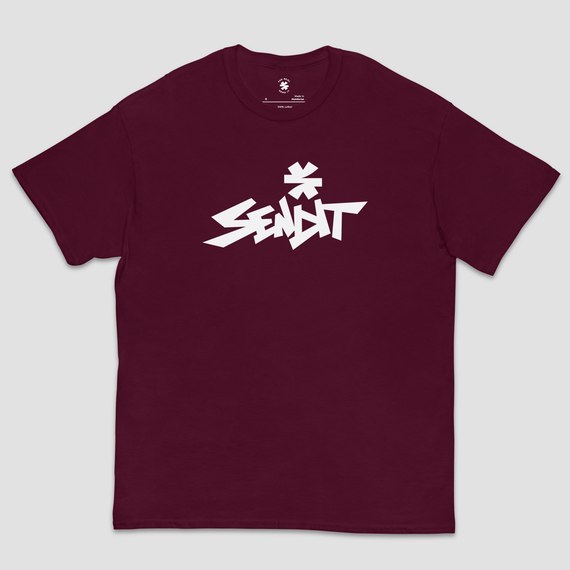 A maroon short-sleeve crewneck t-shirt with a stylized white 'SENDIT' graphic and a small white asterisk on the chest, displayed flat against a light gray background.