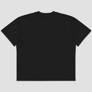 A black short-sleeve crewneck t-shirt shown from the back, laid flat against a light gray background.