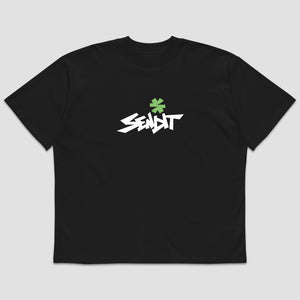 A black short-sleeve t-shirt with a stylized white 'SENDIT' graphic and a green asterisk on the chest, displayed against a neutral light gray background.
