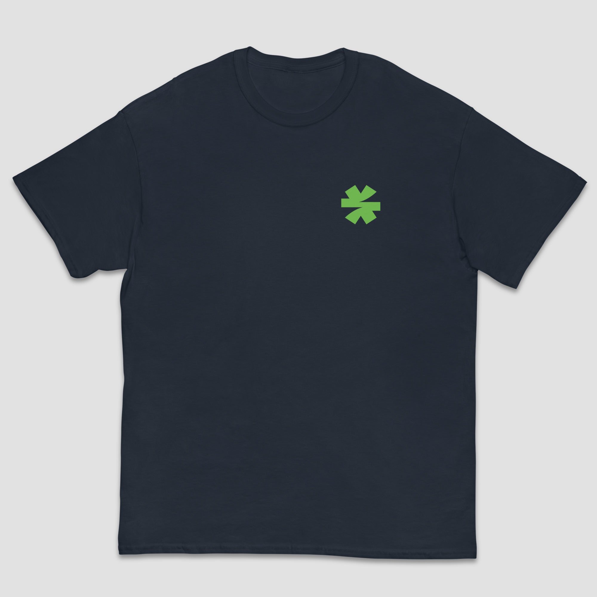 A dark navy blue short-sleeve crewneck t-shirt with a small green asterisk symbol printed on the left chest, displayed against a light gray background.