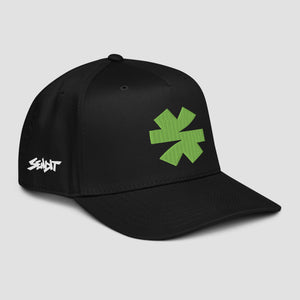 A black baseball cap featuring a green asterisk on the front and a white stylized 'SENDIT' logo on the side, shown against a light gray background.