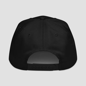 Black baseball cap from the back set against a light gray background