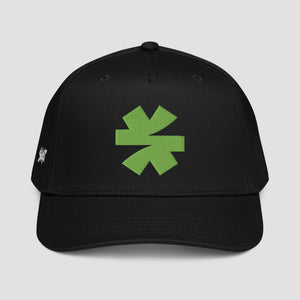 A black baseball cap featuring a green asterisk on the front and a small white embroidered 'SENDIT' logo on the side, shown against a light gray background.
