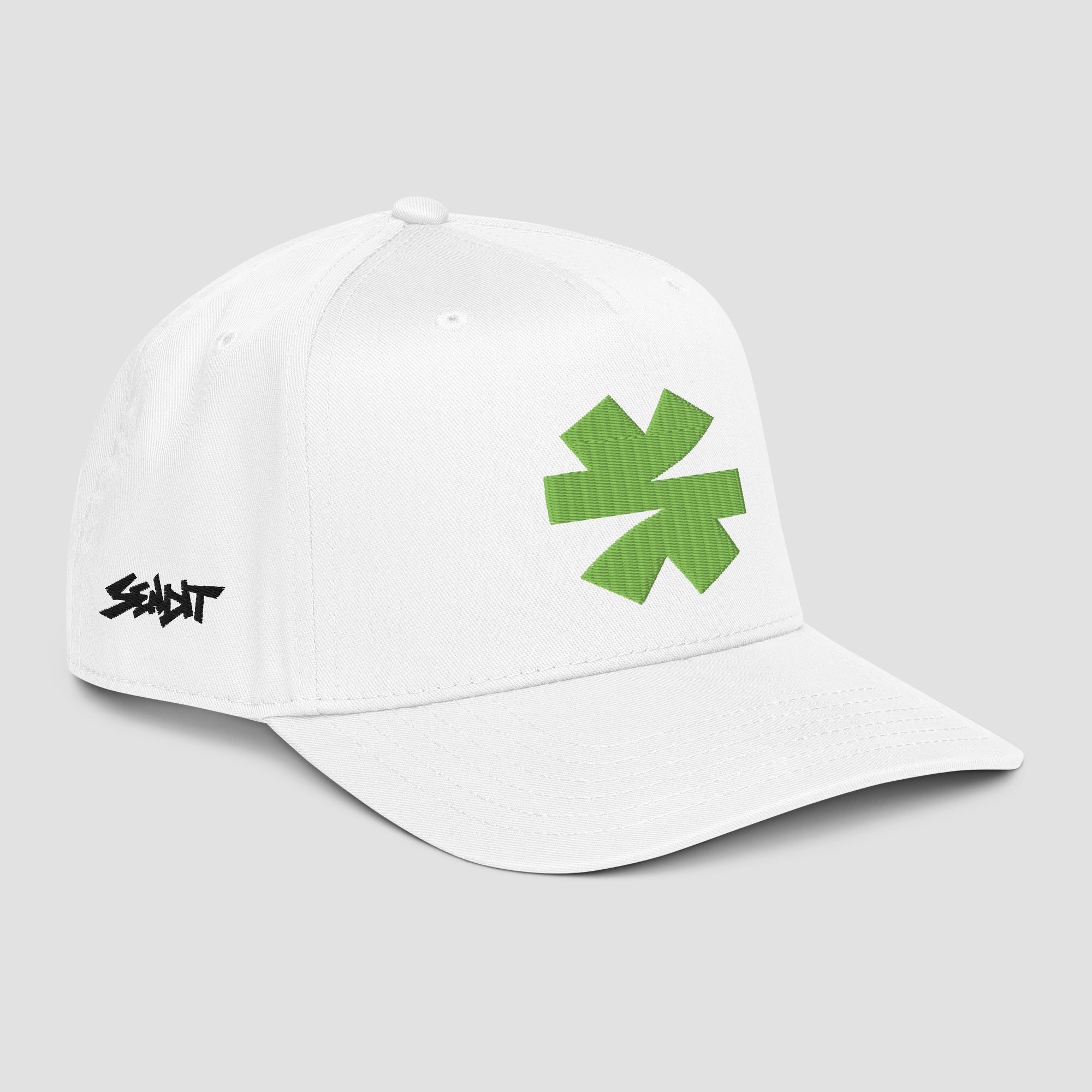 A white structured baseball cap with a green asterisk on the front and a black stylized 'SENDIT' logo on the side, shown against a light gray background.