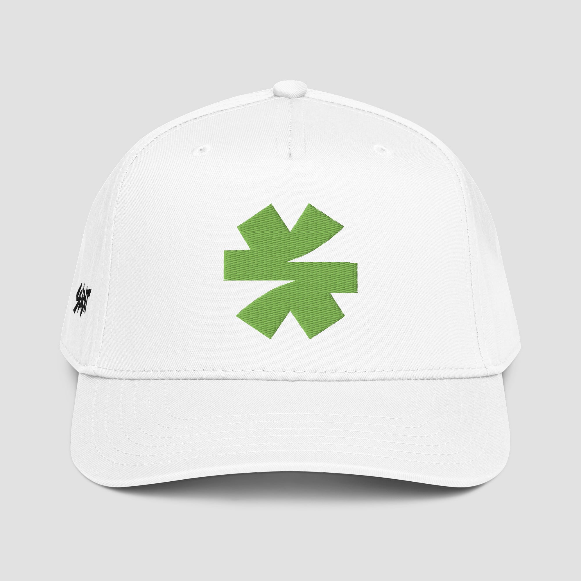 A white baseball cap featuring a green asterisk on the front and a small black 'SENDIT' logo on the side, set against a solid gray background.