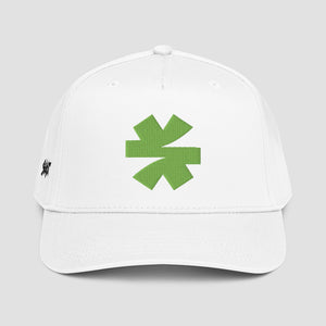 A white baseball cap featuring a green asterisk on the front and a small black 'SENDIT' logo on the side, set against a solid gray background.
