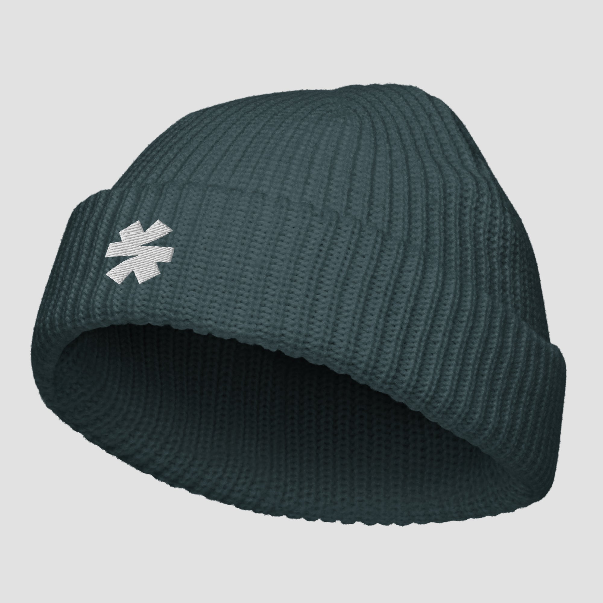 Dark teal ribbed knit beanie with a white asterisk logo on a plain light gray background.