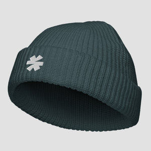 Dark teal ribbed knit beanie with a white asterisk logo on a plain light gray background.