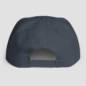 The back view of a snapback cap in a dark slate blue-gray color, shown against a light gray background.