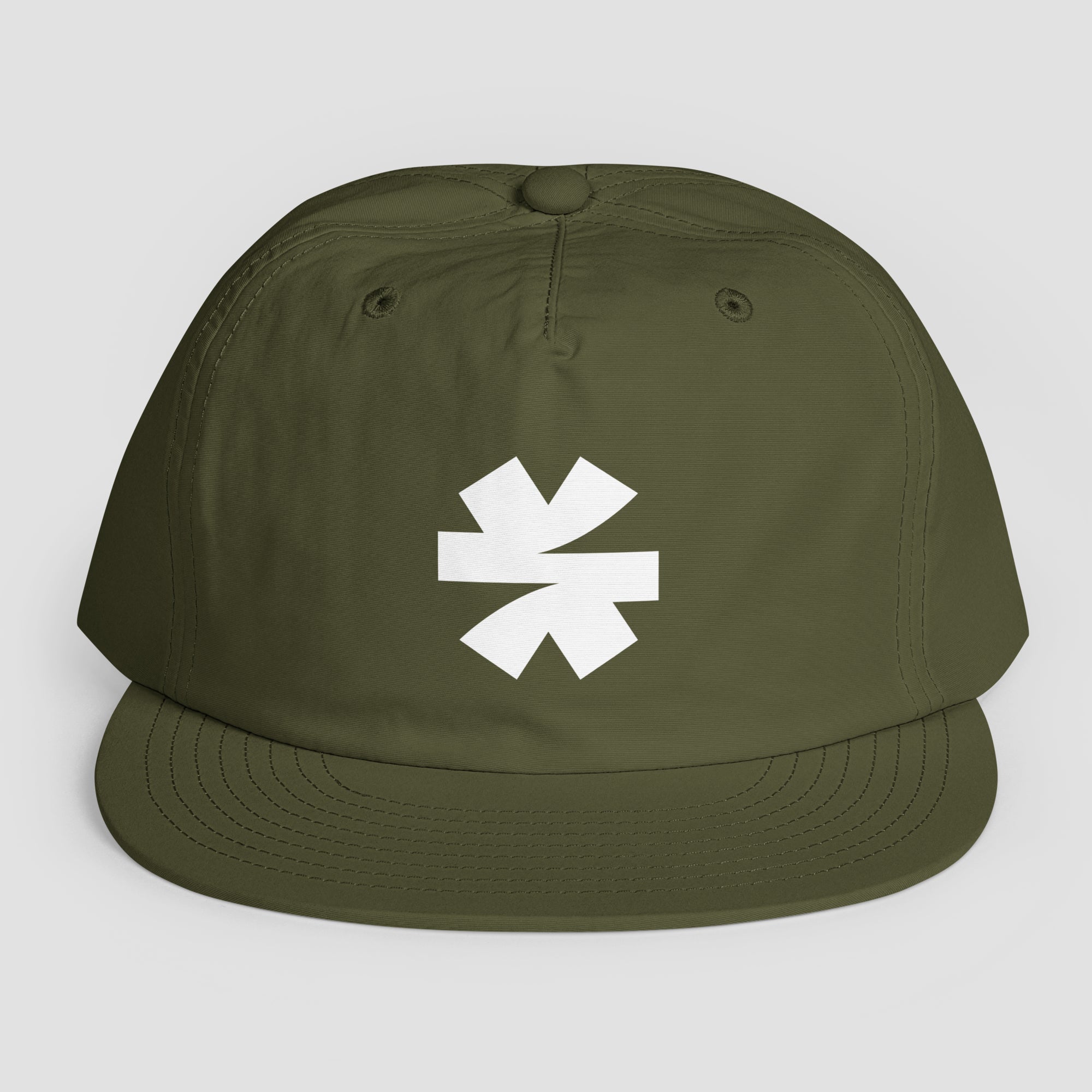 An olive green snapback cap with a white asterisk logo on the front, displayed against a neutral light gray background.