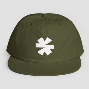 An olive green snapback cap with a white asterisk logo on the front, displayed against a neutral light gray background.