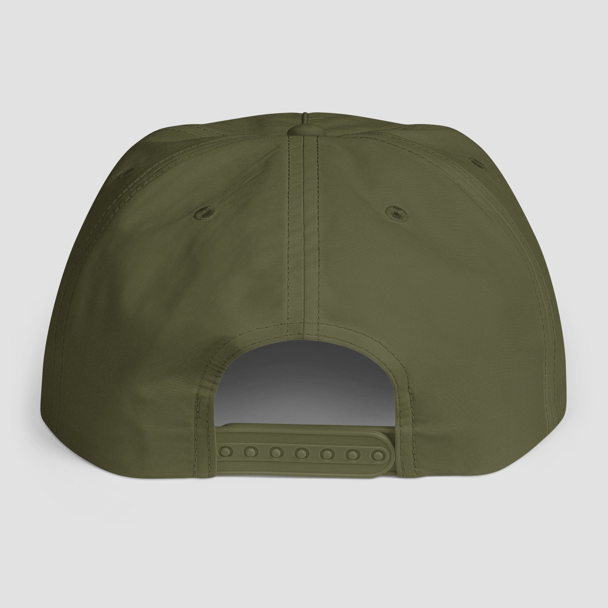 Olive green cap back view on a light gray background