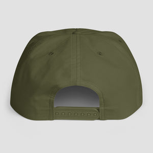 Olive green cap back view on a light gray background