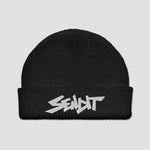 A black ribbed knit beanie hat with a white stylized embroidered 'SENDIT' logo on the front cuff, shown against a light gray background.