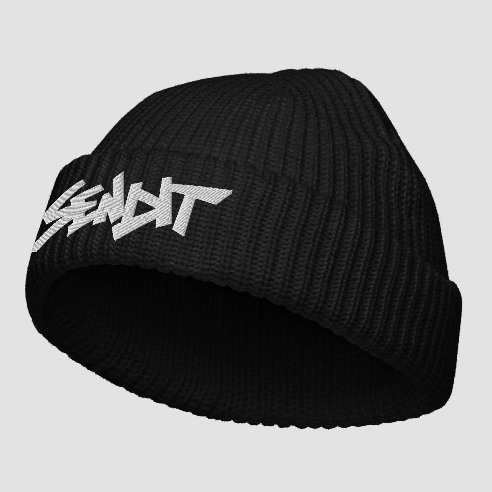 Black beanie with 'SENDIT' logo on a light gray background