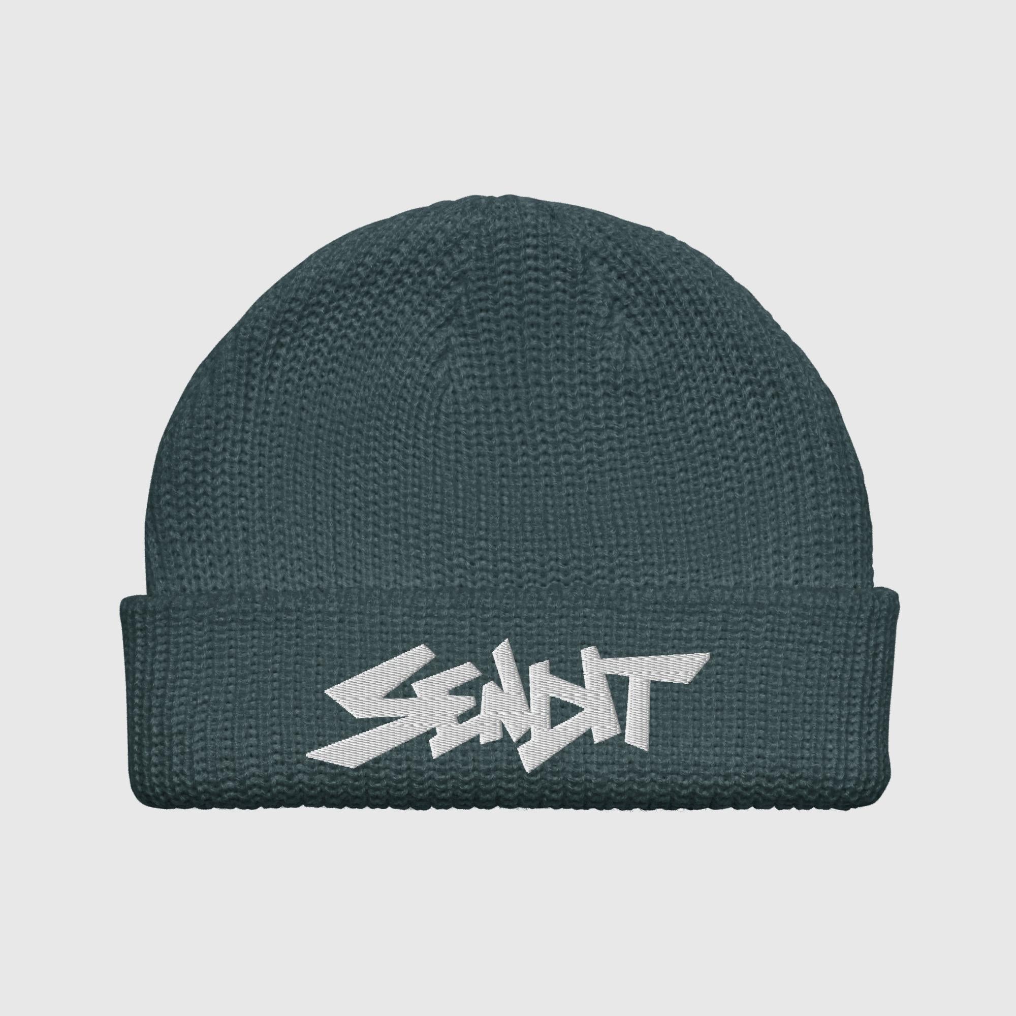 A dark blue-gray ribbed knit beanie hat with a white embroidered 'SENDIT' logo on the front cuff, shown against a light gray background.