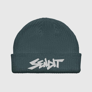 A dark blue-gray ribbed knit beanie hat with a white embroidered 'SENDIT' logo on the front cuff, shown against a light gray background.