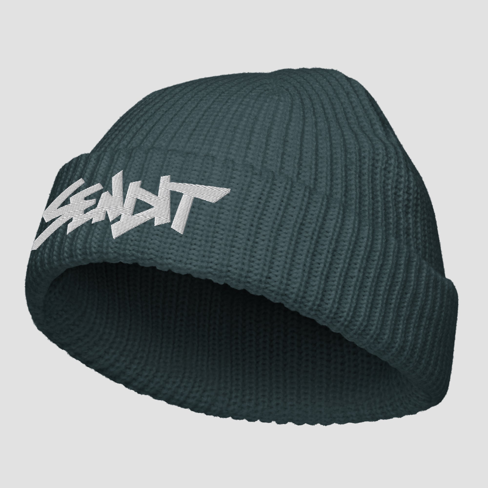 A dark blue-gray ribbed knit beanie hat featuring a stylized white embroidered 'SENDIT' logo on the front cuff, shown against a solid light gray background.