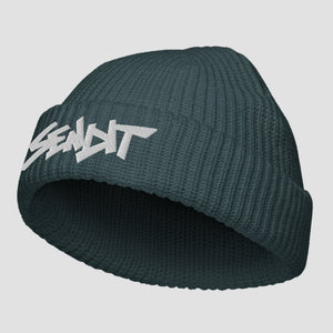 A dark blue-gray ribbed knit beanie hat featuring a stylized white embroidered 'SENDIT' logo on the front cuff, shown against a solid light gray background.